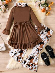 SHEIN Young Girl High Low Ruffle Trim Tee and Flare Leg Pants With Scarf - Multicolor - View 2