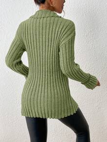 SHEIN Frenchy 女士們素色下擺開叉針織毛衣 - 綠色 - 查看 2
