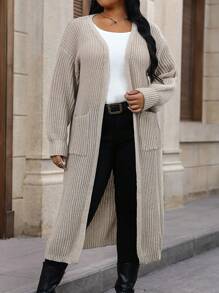 Calvaya Áo khoác cardigan dáng rộng có túi đôi thả vai - Màu be - Xem 3