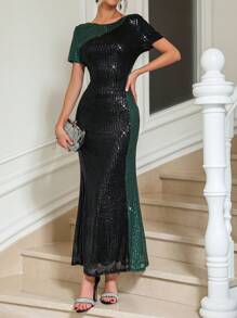 SHEIN Belle Của phụ nữ Khối màu Kim sa Vá lại Đầm - màu xanh lá - Xem 1