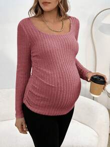 SHEIN Maternity Scoop Neck Ruched Side Ribbed Knit Tee - Redwood - View 1