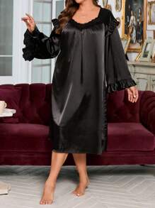 大碼荷葉邊&蕾絲拼接裝飾連衣裙 - 黑色 - 查看 2