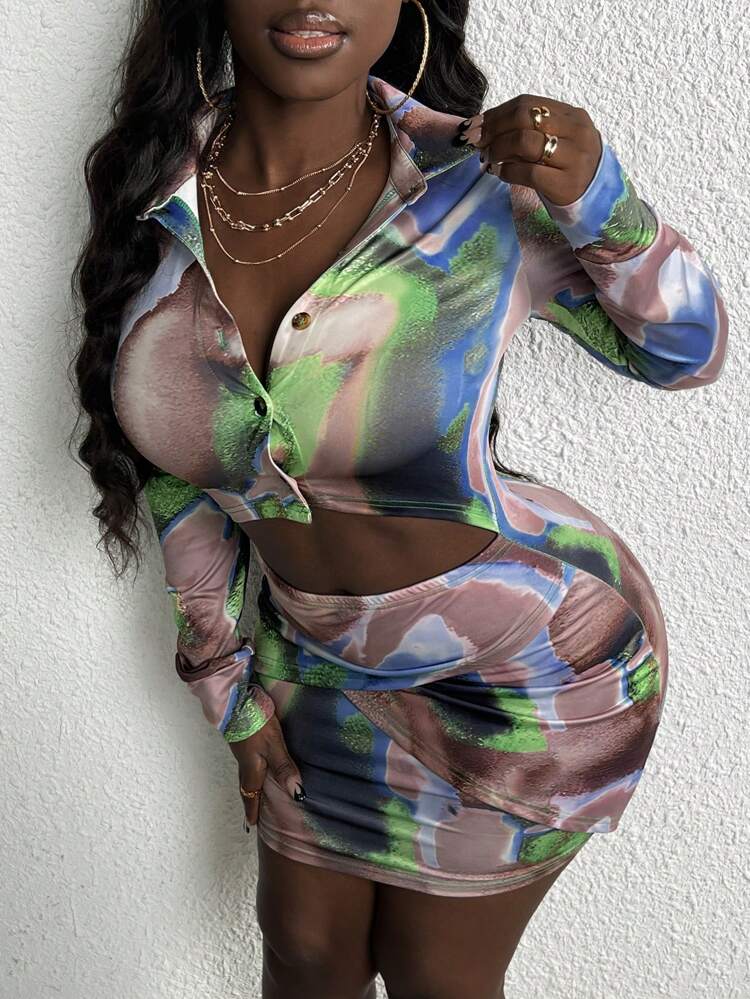 Tie Dye Button Front Cutout Detail Dress