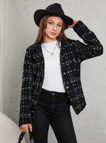RueChic Tween Girl Plaid Single Breasted Coat - Black - View 1