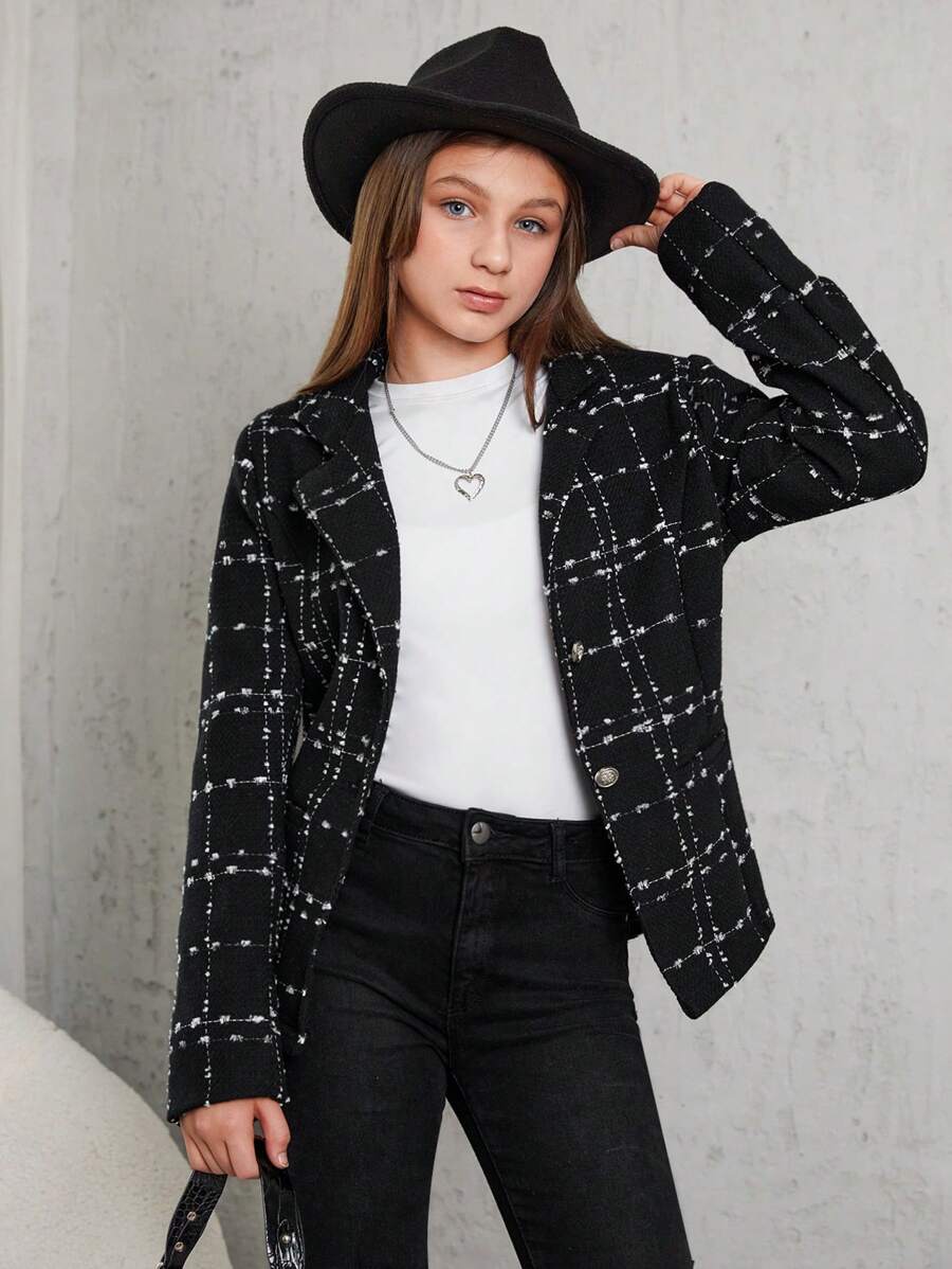 RueChic Tween Girl Plaid Single Breasted Coat - Black - View 1