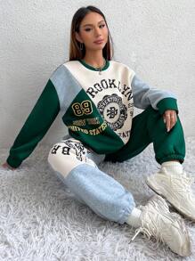 SHEIN Unity Women's Letter Printed Spliced Casual Sweatshirt Set - Dark Green - View 3