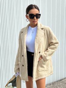 Aveloria Double Breasted Dual Pocket Teddy Coat - Beige - View 5