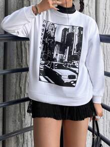 SHEIN Cottnline Plus Car & Japanese Letter Drop Shoulder Sweatshirt - Light Grey - View 1