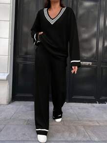 SHEIN Cottnline Striped Trim Drop Shoulder Sweater & Knit Pants - Multicolor - View 3