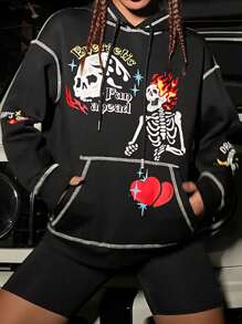 SHEIN EZwear Hình ảnh Skull & chữ cái Thả vai Dây rút Hoodie - màu đen - Xem 1