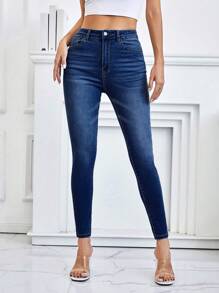 SHEIN Frenchy 拉鏈門襟,合身牛仔長款長褲 - 深色水洗藍 - 查看 3