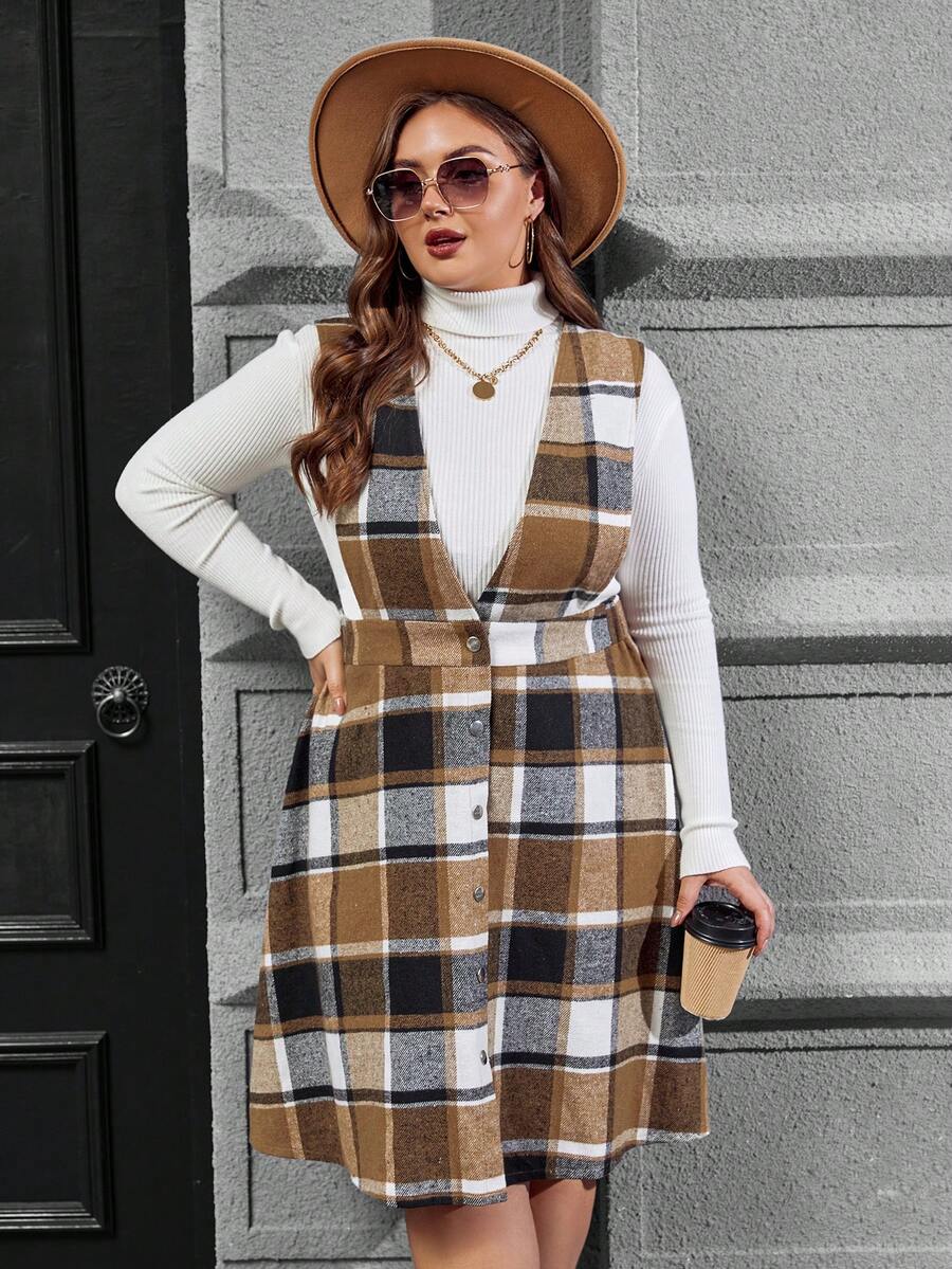 SHEIN LUNE 加大码格子印花连身裙（不含毛衣）舒适 - 彩色 - 查看 1