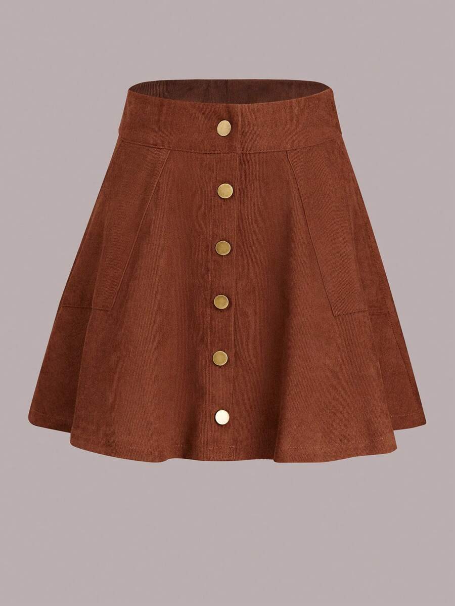 SHEIN Frenchy Falda unicolor con botón delantero de pana - Marrón - Ver 1