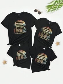 女性休閒復古帶口號圖形圓領短袖t恤 - 黑色 - 查看 3