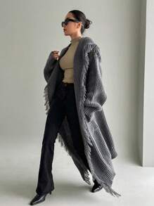 Dazy Star Solid Color Long Cardigan With Large Lapel And Fringed Hem - Grey - View 1