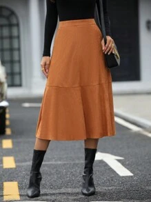 SHEIN Clasi 素色荷葉邊A字半身裙 - 棕色 - 查看 1