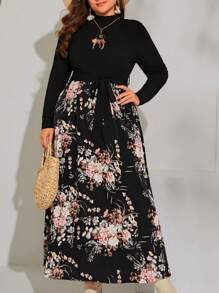 SHEIN VCAY Plus Floral Print Mock Neck Belted Dress - Multicolor - View 2