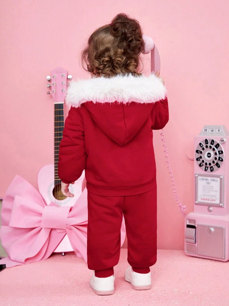 Baby Girl Fuzzy Trim Hooded Thermal Jacket & Sweatpants