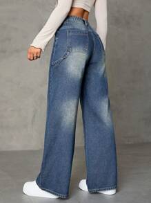 SHEIN ICON Jeans con bolsillo oblicuo de pierna ancha - Azul lavado oscuro - Ver 2