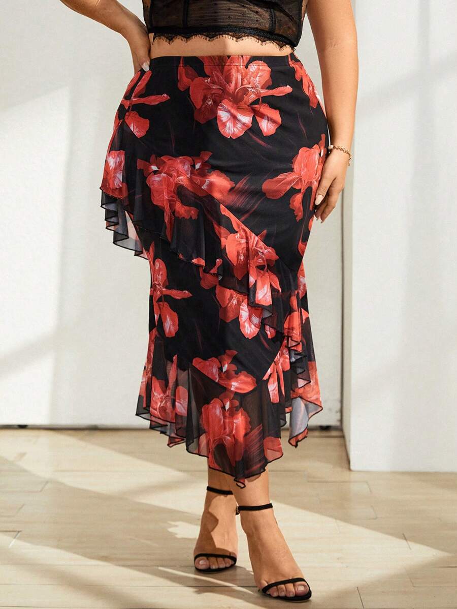 SHEIN Privé Hơn In hoa Viền Ruffle Váy - Nhiều màu - Xem 1