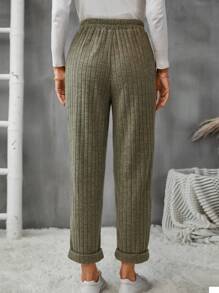 SHEIN LUNE 女性休閒純色彈性腰短褲,帶雙口袋 - 軍綠色 - 查看 2