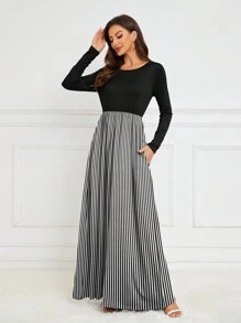 DEARCASE Vestido De Línea A Con Estampado De Rayas - Negro - Ver 1