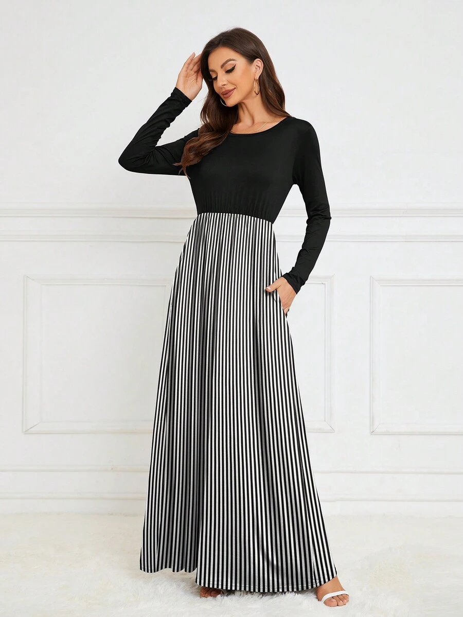 DEARCASE Vestido De Línea A Con Estampado De Rayas - Negro - Ver 1