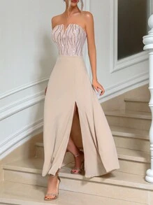 SHEIN BAE 对比色亮片开叉大腿管伴娘礼服优雅舞会半正式婚礼宾客礼服，适合生日、毕业典礼、返校节 - 香檳色 - 查看 5