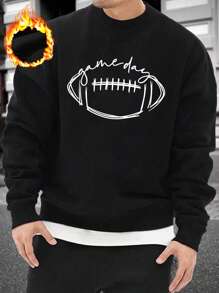 Manfinity Áo nỉ cổ tròn lót nhiệt dành cho nam chơi bóng bầu dục họa tiết chữ cho mùa thu đông, trang phục gia đình phù hợp cho mẹ và bé (4 sản phẩm được bán riêng) - màu đen - Xem 1