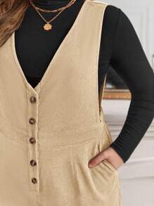 SHEIN Frenchy Jumpsuit Ukuran Plus Kantong Tombol Depan Plain Casual - Khaki - View 5