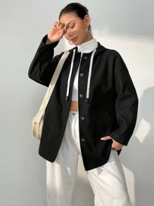 SHEIN Unity 落肩袖雙口袋抽繩連帽花呢外套 - 黑色 - 查看 5