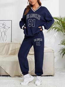 SHEIN EZwear Women's V-neck Letter & Number Printed Sweatshirt And Sweatpants Two-piece Set - Navy Blue - View 3