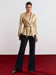 BizChic Shawl Collar Twisted Embellished Coat - Khaki - View 3