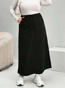 SHEIN Essnce 大碼斜口袋開衩短裙 - 黑色 - 查看 1