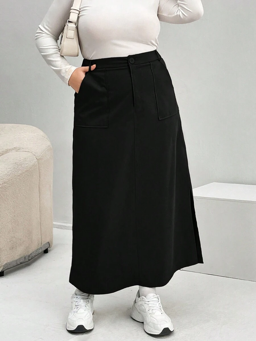 SHEIN Essnce 大碼斜口袋開衩短裙 - 黑色 - 查看 1