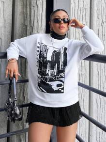 SHEIN Cottnline Plus Car & Japanese Letter Drop Shoulder Sweatshirt - Light Grey - View 5