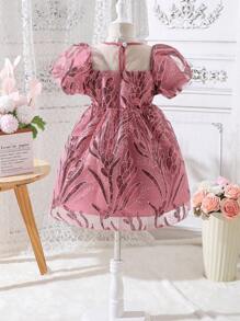 小的女孩泡泡袖亮片網紗洋裝 - 彩色 - 查看 2