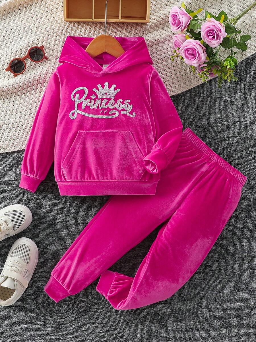 SHEIN Elladie kids 年輕女孩休閒運動字母印花長袖連帽衛衣和褲子套裝,適用於秋季 - 玫紅色 - 查看 1