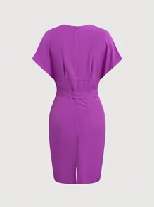 SHEIN LUNE Solid Batwing Sleeve Belted Dress - Purple - View 2