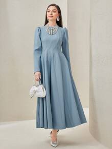 Modelyn 纯色长款泡泡袖褶皱细节朴素连衣裙