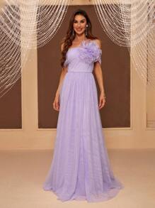 SHEIN Belle Open Shoulder 3D Flower Evening Dress - Mauve Purple - View 4