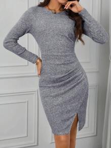 SHEIN Clasi Vestido tejido jaspeado fruncido bajo con abertura - Gris Claro - Ver 4
