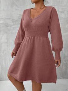 SHEIN LUNE Vestido Suéter Con Cuello En V De Talla Grande De Color Liso - Color caoba - Ver 3