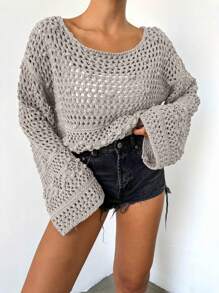 SHEIN 1入組船領鏤空針織套頭毛衣 - 杏色 - 查看 3