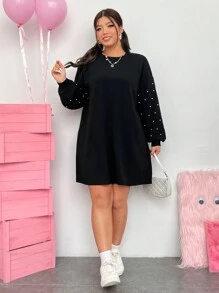 SHEIN EZwear 女式加大码落肩宽松黑色连衣裙 - 黑色 - 查看 4