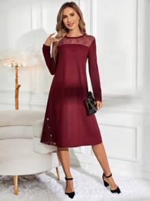 EMERY ROSE Của phụ nữ Vá lại Ren Dệt kim Đầm - Màu Đỏ Sâu - Xem 3