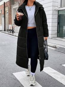 Flirla Plus Drawstring Waist Hooded Padded Padded Coat, For Winter Clothes - Black - View 4