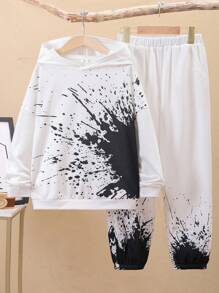 SHEIN Ensemble Sweat À Capuche Décontracté Et Pantalon De Survêtement Pour Garçons Avec Impression D'éclaboussure D'encre, Jeunesse