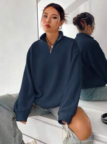 Women's Casual Raglan Sleeve Half Zip Sweatshirt, Loose Fit Funnel Neck Long Sleeve Navy Blue Pullover Hoodie, Spring/Autumn - Navy Blue - View 5