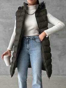 EURMUSE 毛茸邊連帽羽絨背心大衣